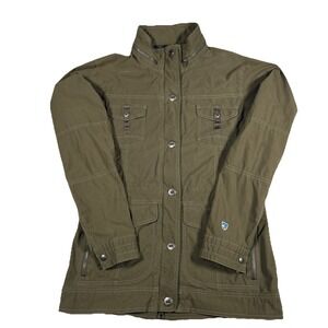 Kuhl Womens Rekon Sz M Lightweight Jacket Utility Green Hidden Hood Zip Pockets